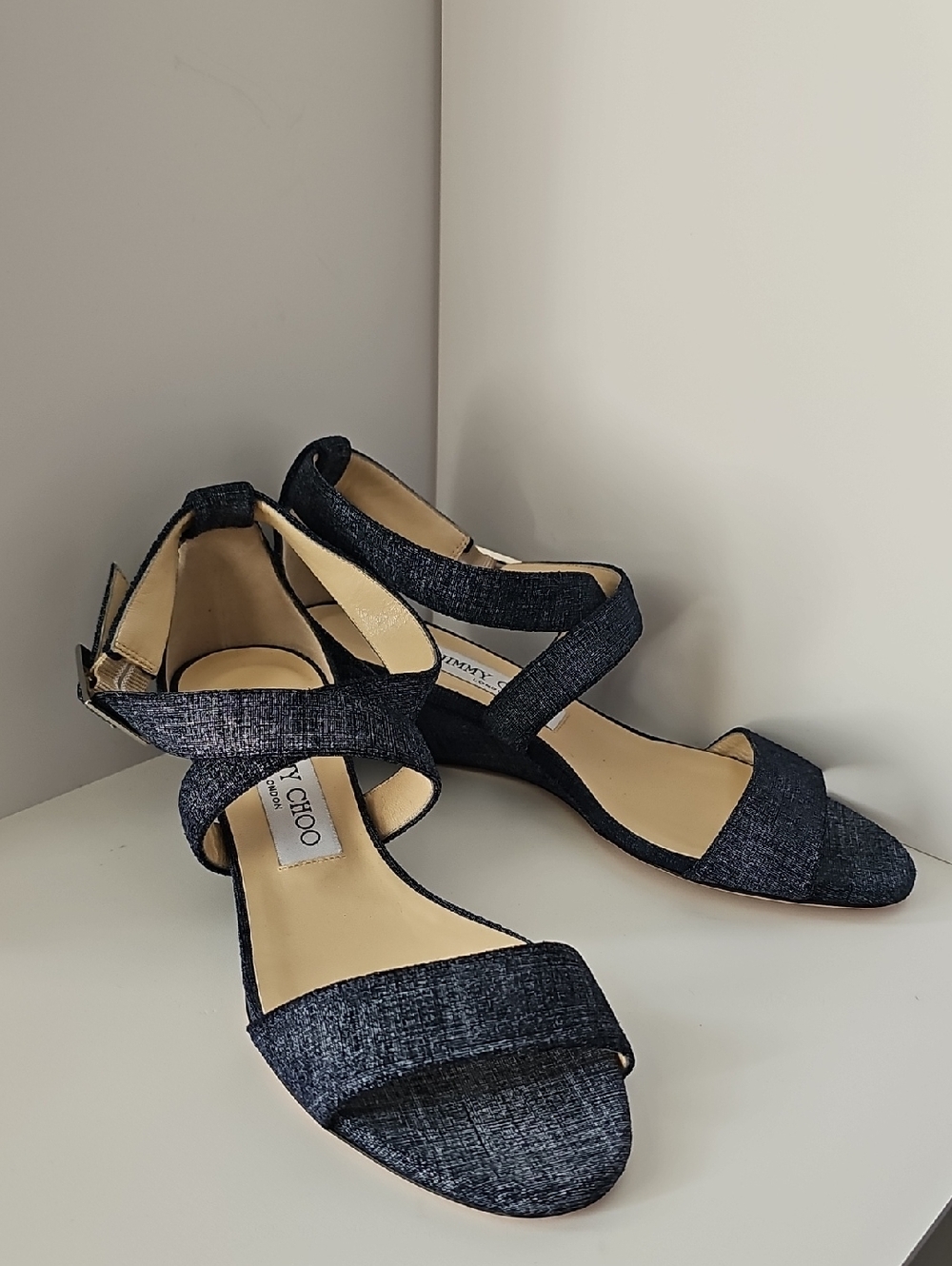 Jimmy Choo Dark Navy Cross-Strap Open-Toe Heels